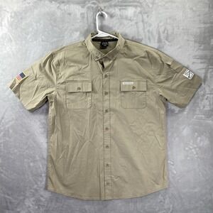 Grunt Style Shirt men's Large Button Down Tactical USA Flag Military Brown Tan